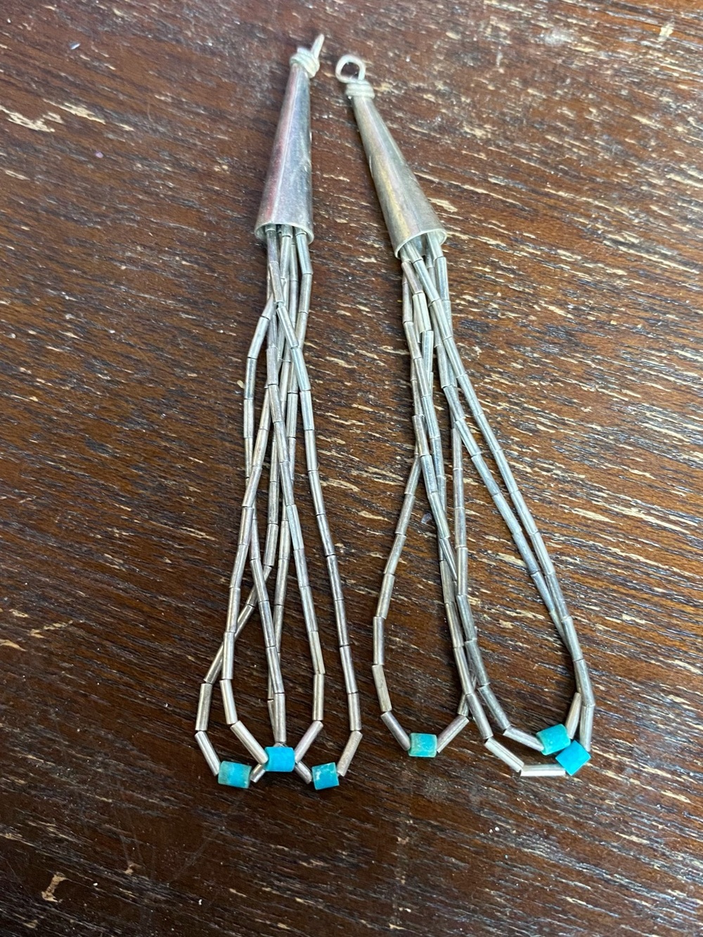 Vintage Zuni Sterling Silver Liquid Silver Dangle Earrings w Turquoise Accents